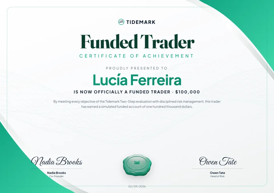 Tidemark Prop funded trader certificate for Lucía Ferreira, $100,000 account